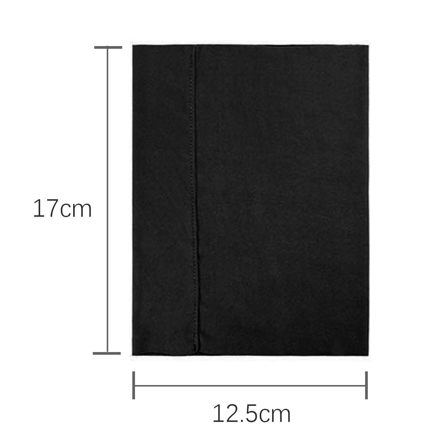 Schwarze rechteckige Mappe oder Tasche mit Abmessungen von 17 cm Höhe und 12,5 cm Breite.