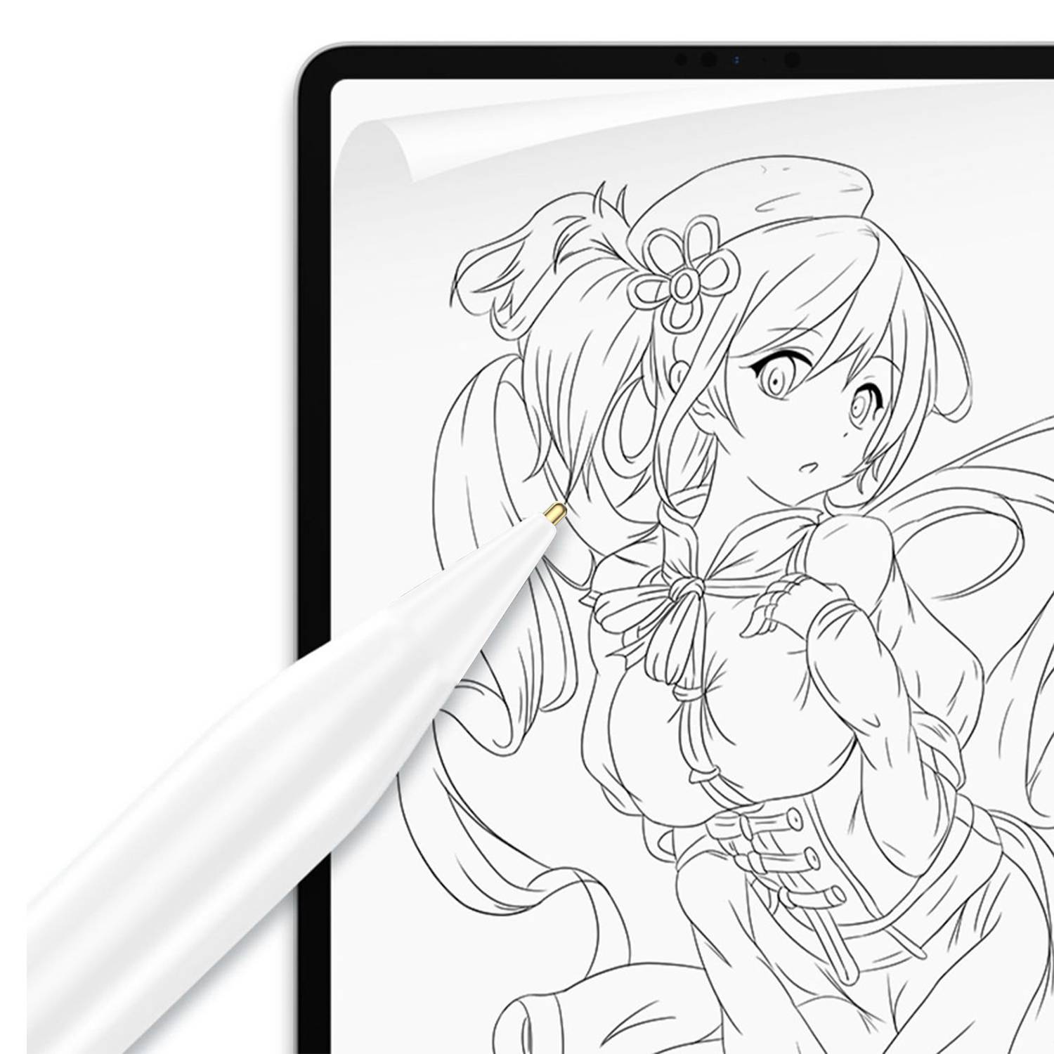 Ein Stift zeichnet ein Anime-Mädchen auf einem Tablet-Bildschirm und zeigt eine digitale Skizze in Arbeit.