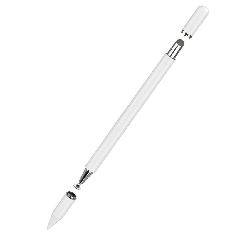 Weißer Eingabestift mit entfernter Kappe, wobei die Spitze und die transparente Kappe auf einem schlichten weißen Hintergrund sichtbar sind.