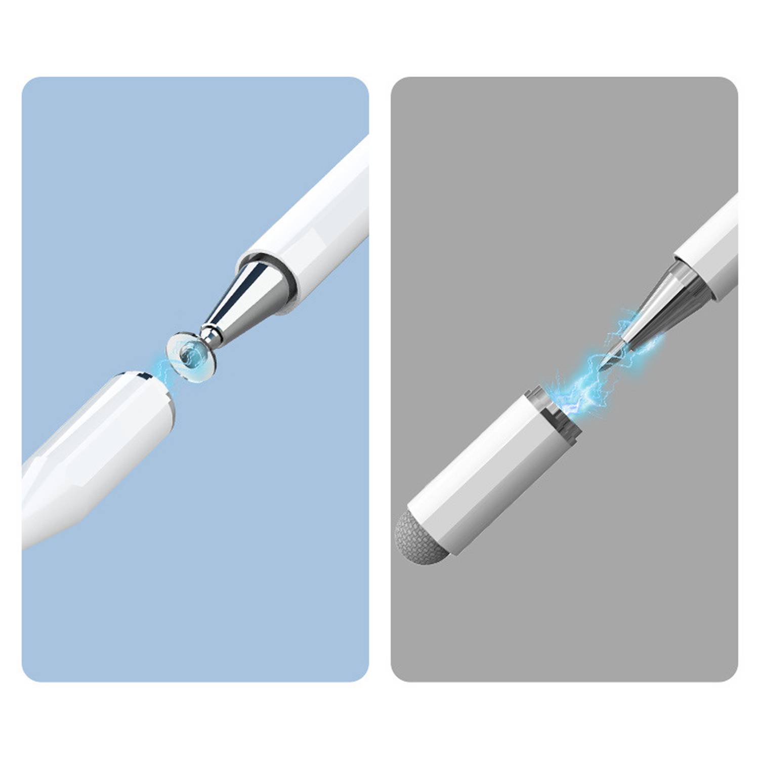 Illustration eines magnetischen Ladestils, der sich mit einem weißen stiftartigen Gerät verbindet, dargestellt in zwei Feldern auf blauen und grauen Hintergründen.
