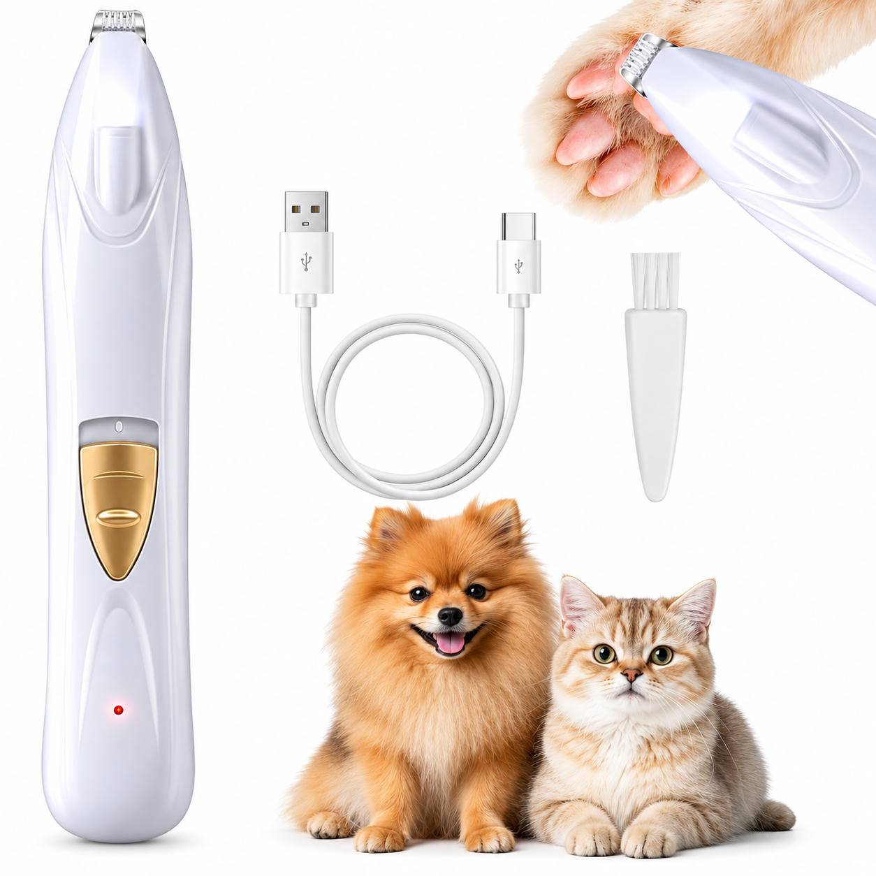 Haustiergrooming-Trimmer-Set mit kabellosen Clippern, USB-Ladekabel, Reinigungsbürste und Hunden/Katzen als vorgesehene Verwendung.