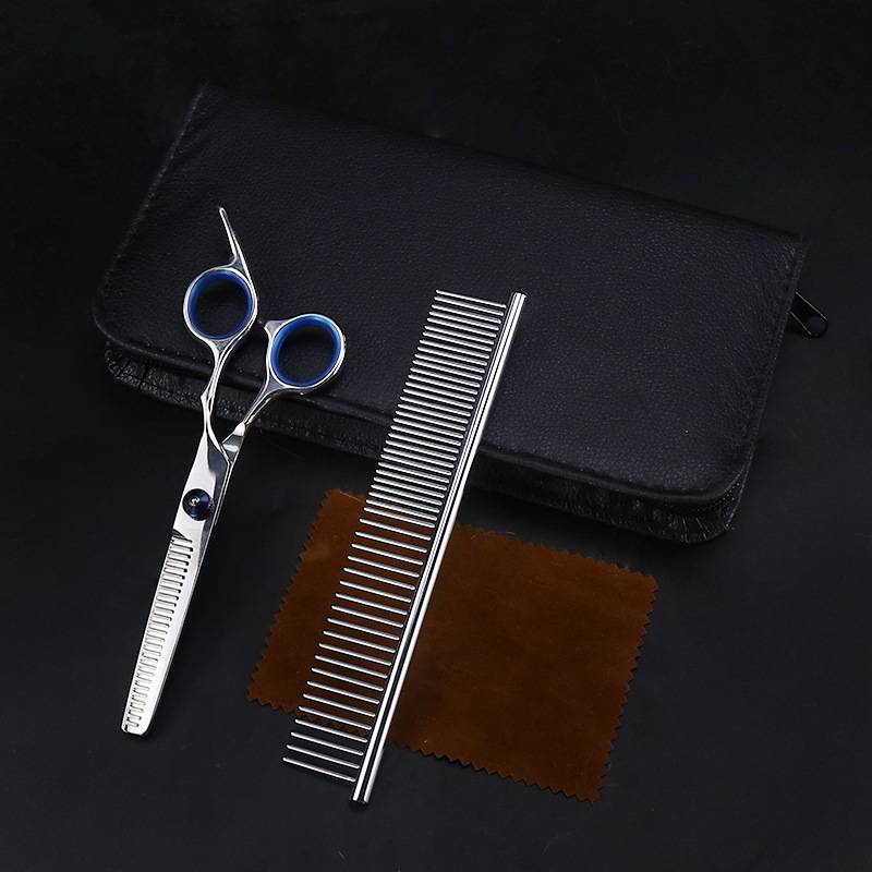 Haarschneidewerkzeuge in einem schwarzen Etui: silberne Schere mit blauen Fingerringen, ein Metallkamm und ein braunes Reinigungstuch.
