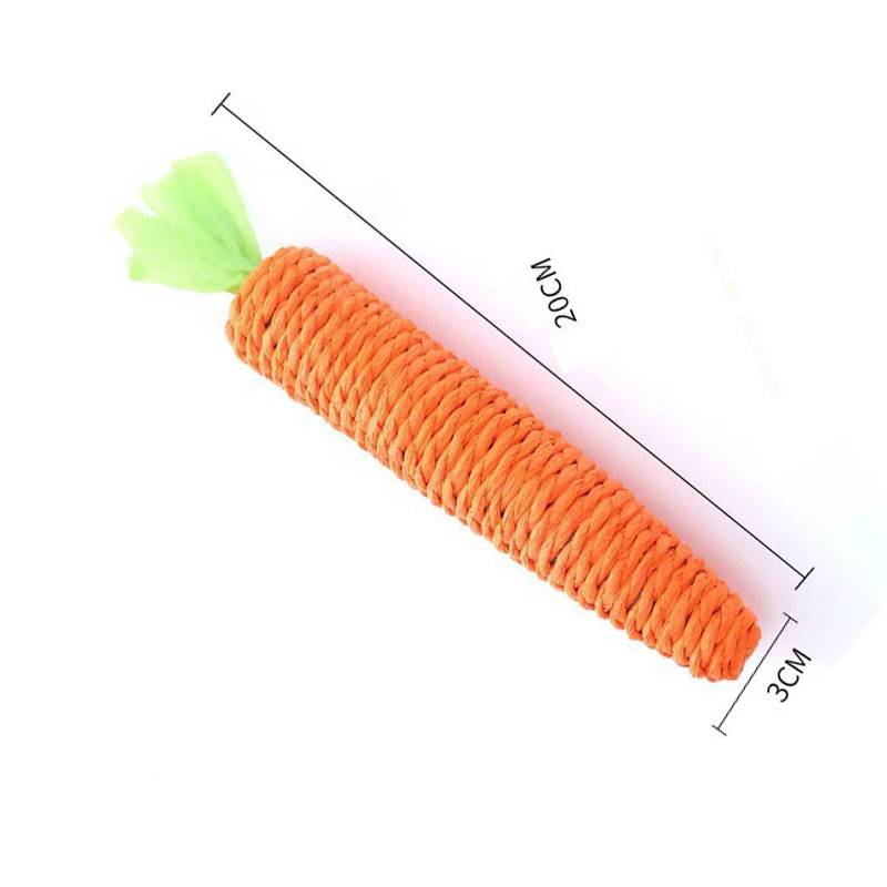 Orange karottenförmiges Seilspielzeug mit grüner Spitze, dargestellt auf weißem Hintergrund mit beschrifteten Abmessungen von 20 cm Länge und 3 cm Breite.