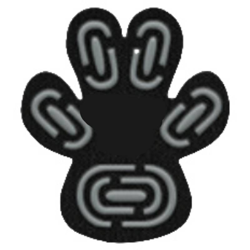 Schwarzes Pfotendruck-Symbol mit vier Ballen, wobei jeder Ballen ein graues Kettenglieder-Symbol enthält.