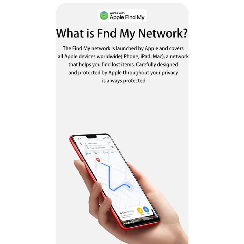 Apple Find My Promotion mit einer Hand, die ein iPhone mit Kartenstrecke hält, mit dem Titel „Was ist das Find My Netzwerk?" und beschreibt Apples Find My Netzwerk zum weltweiten Orten von Geräten.