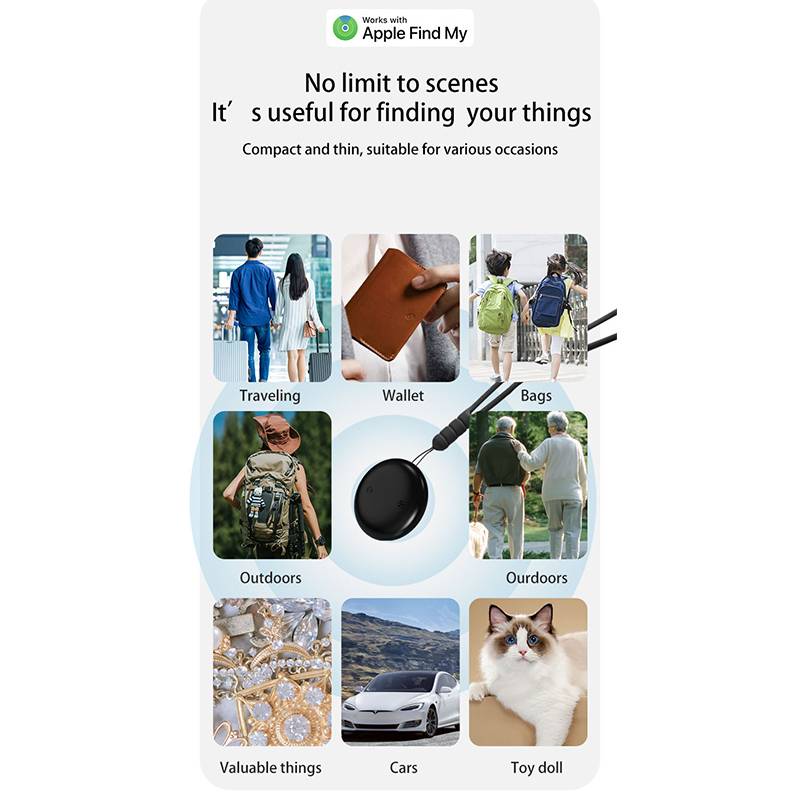 Werbebild für einen Apple Find My-kompatiblen Tracker mit der Aussage, dass er beim Reisen, für Geldbörsen, Taschen, im Freien, für Wertsachen, Autos und Spielzeugen funktioniert.