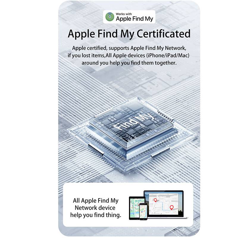 Apple-Zertifiziertes Gerät mit Find My-Anzeige mit einem Find My-Chip und Symbolen für iPhone, iPad und Mac mit Text zum Auffinden verlorener Gegenstände.