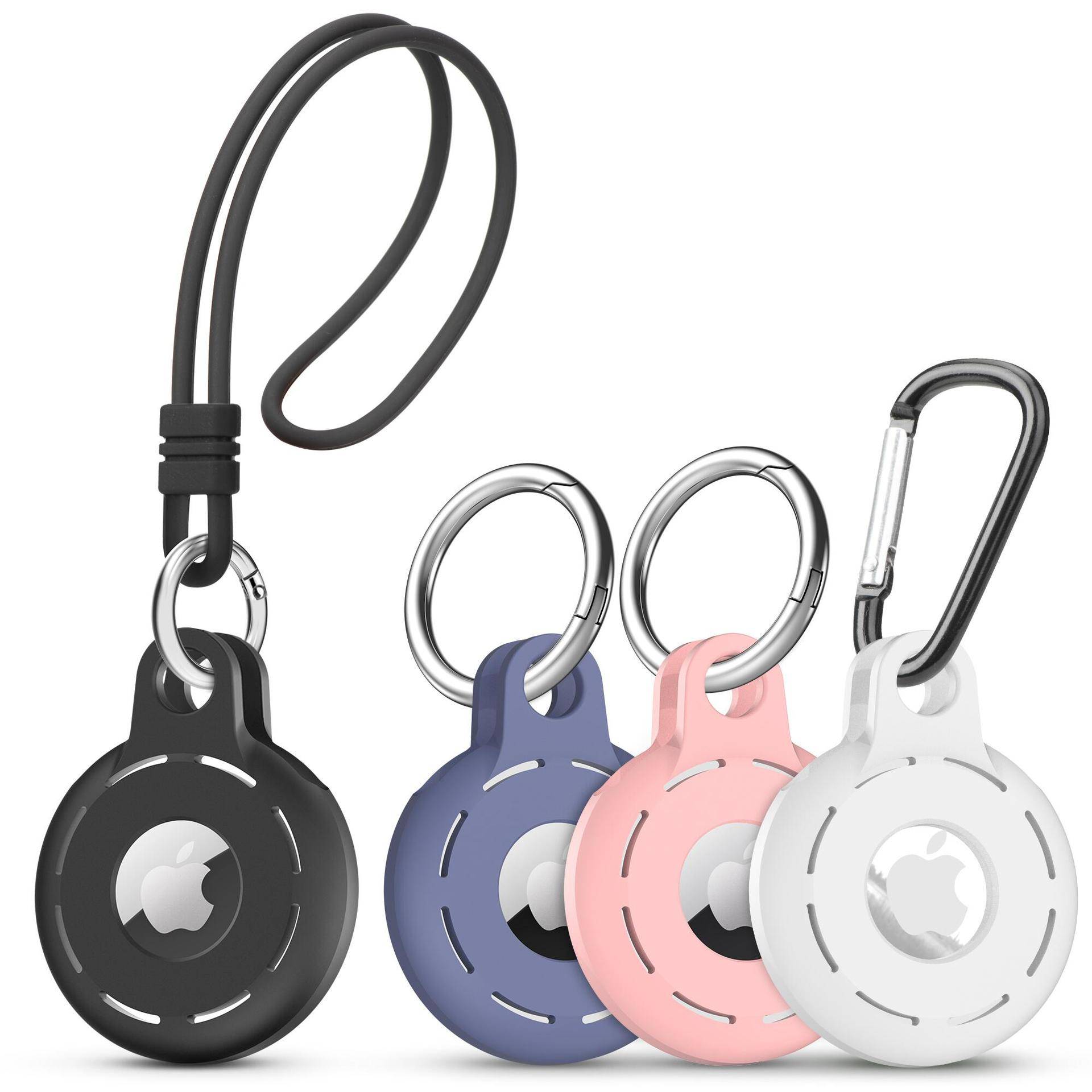 Vier Apple-AirTag-Halter auf Ringclips, bestehend aus einer schwarzen Lanyard-Tasche und blauen, rosa und weißen Karabiner-Taschen.
