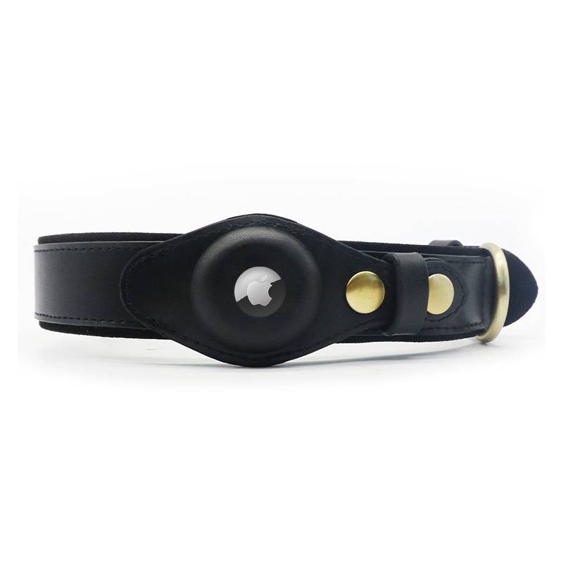 Schwarzes Lederarmband mit rundem Apple-Logo-Mittelteil und goldfarbenen Druckknöpfen, gezeigt auf weißem Hintergrund.