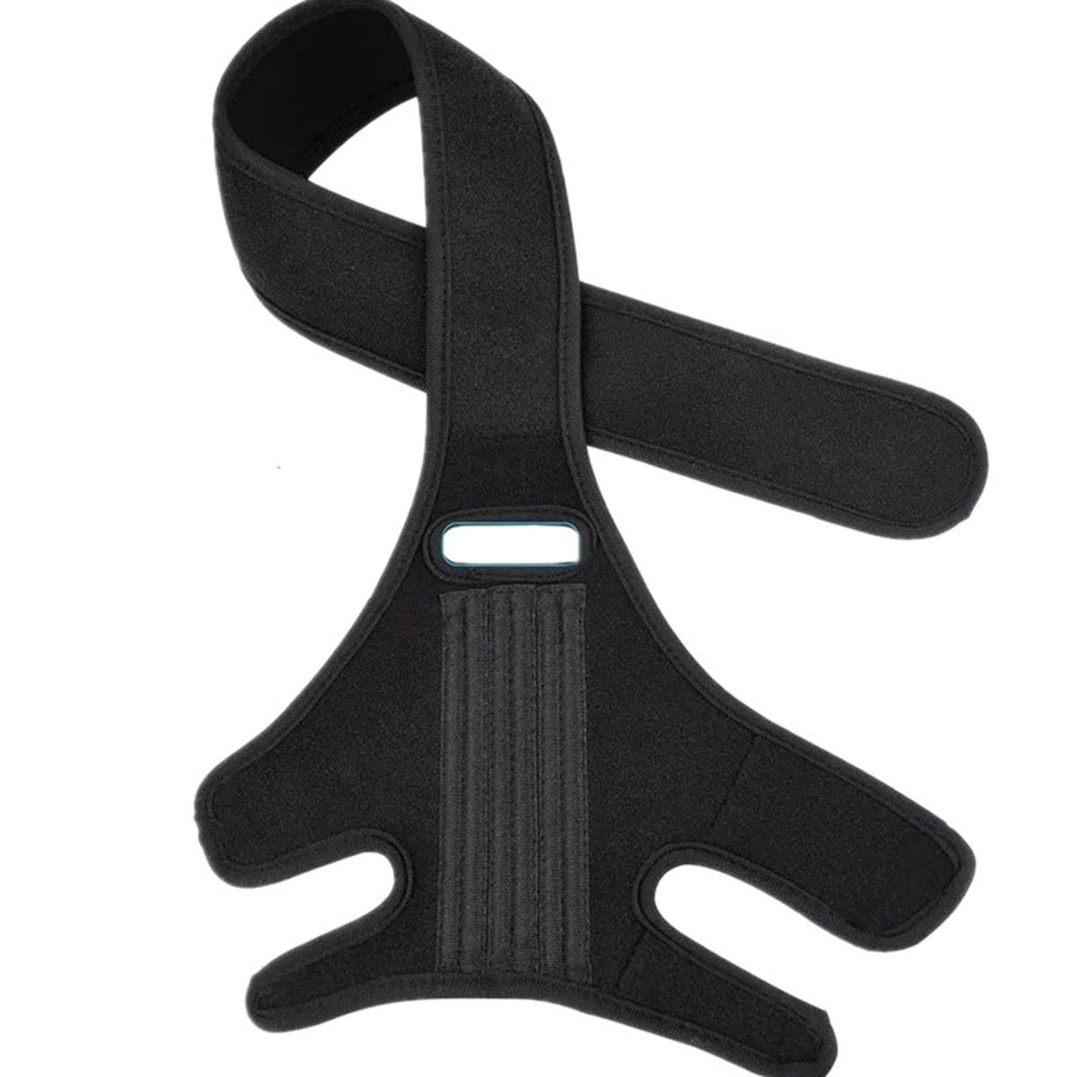 Schwarze Neopren-Schulterstützorthese mit verstellbarem Riemen und Vorderöffnung, dargestellt auf weißem Hintergrund.