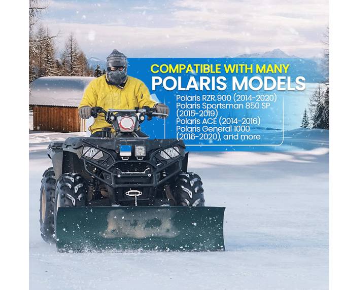 Person, der einen ATV mit einer Schneeschaufel auf einer verschneiten Straße fährt; Text besagt, dass es mit vielen Polaris-Modellen kompatibel ist, einschließlich RZR, Sportsman, ACE und General.