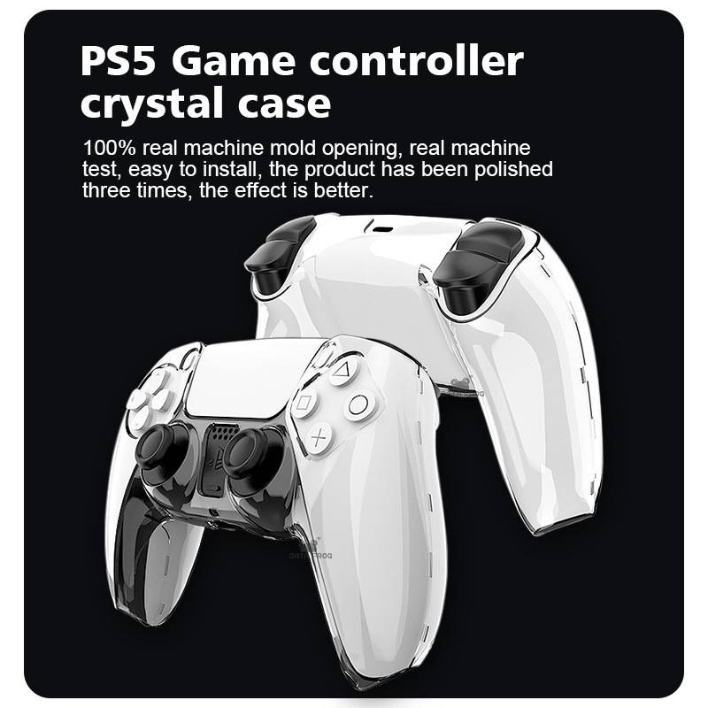 Werbebild eines PS5-Spielcontroller-Cases mit kristallklarer Durchsichtigkeit, das transparente Schutzschalen an einem weißen DualSense-Controller zeigt, mit Text über einfache Installation und polierte Oberfläche.