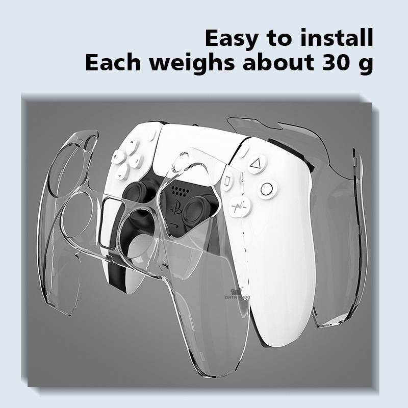 Transparente Schutzhülle für einen weißen Spielcontroller mit der Aufschrift „Einfach zu installieren" und „Jedes wiegt etwa 30 g"".