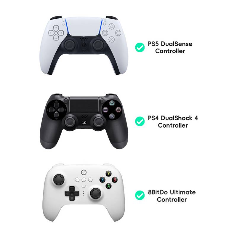 Vergleichsgrafik von drei kompatiblen Spiele-Controllern: PS5 DualSense, PS4 DualShock 4 und 8BitDo Ultimate.