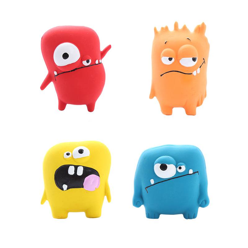 Vier bunte Cartoon-Monster-Figuren auf weißem Hintergrund, jede mit einem anderen Gesichtsausdruck und einer anderen Farbe: rot, orange, gelb und blau.