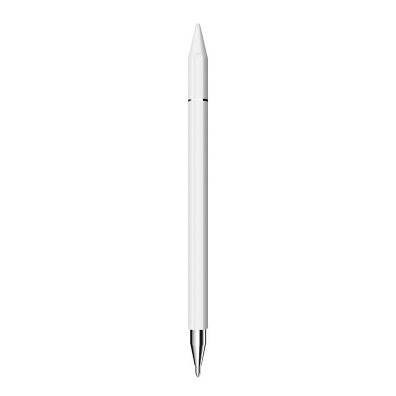 Ein weißer Stift mit spitzer Spitze, vertikal auf einem einfachen weißen Hintergrund dargestellt.