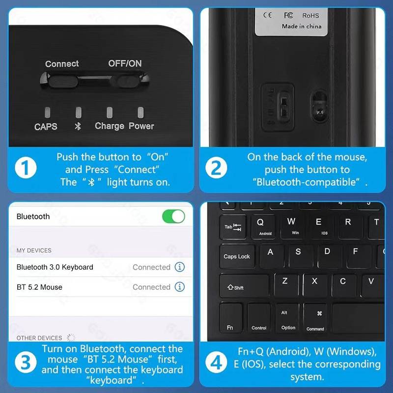 Vier-Schritte-Anleitung zum Koppeln einer Bluetooth-Maus und Tastatur: Gerät einschalten, Bluetooth-Taste drücken, in den Bluetooth-Einstellungen verbinden, dann das passende Tastatur-System auswählen.