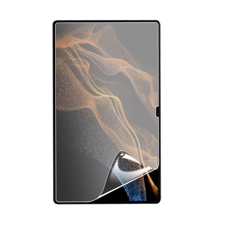 Tablett-Displayschutz mit rückwärts ablösbarer Ecke, die glänzende transparente Folie auf einem Tablet-Display zeigt