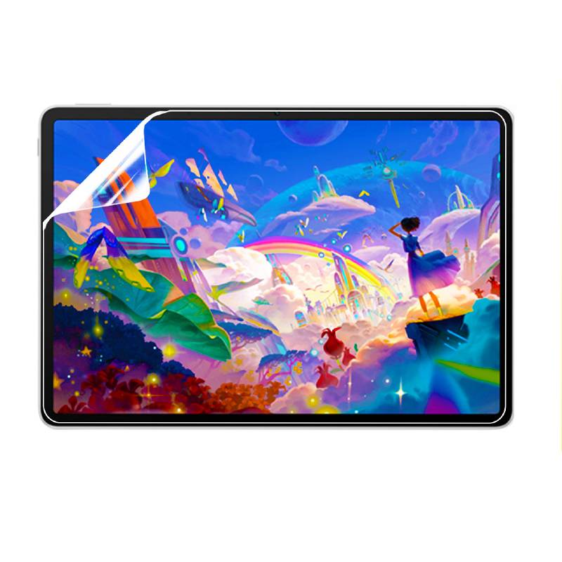 Tablet-Bildschirm mit einer farbenfrohen Fantasy-Szene mit einem Regenbogen, Wolken, Konfetti und zwei Figuren auf einer schwebenden Landschaft.