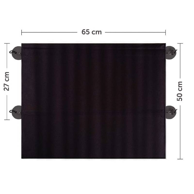 Schwarzer rechteckiger Autosonnenschutz mit vier Saugnäpfen, gekennzeichnet mit 65 cm Breite und 50 cm Höhe, mit markiertem 27 cm Seitenabstand.
