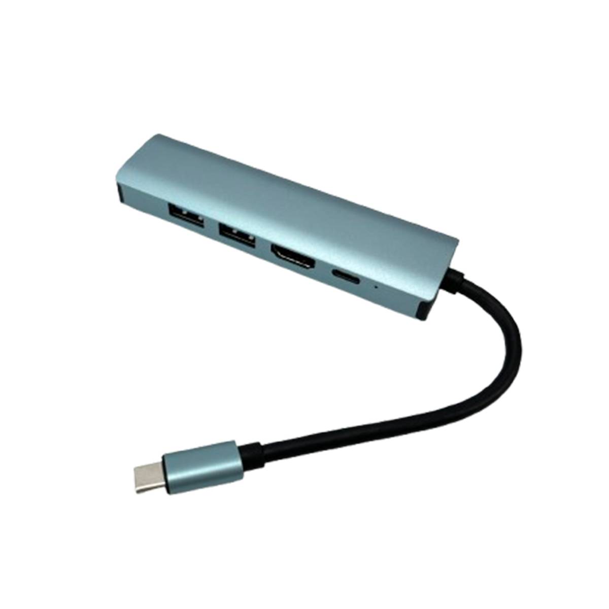 USB-C-Hub mit drei USB-A-Anschlüssen, einem HDMI-Anschluss und einem USB-C-Anschluss an einem Kabel mit USB-C-Stecker