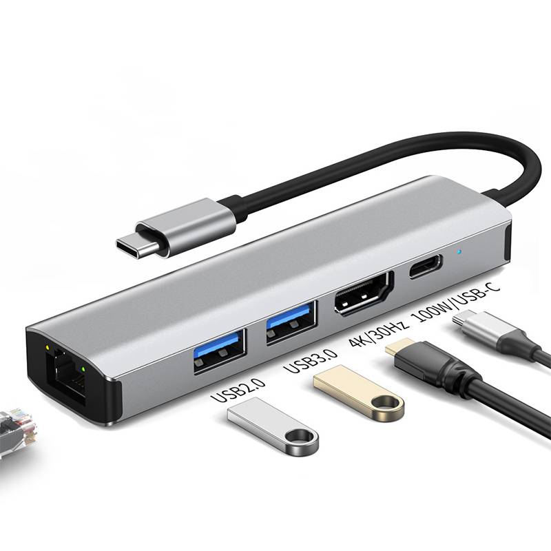 USB-C-Hub mit Ethernet, zwei USB-A-Anschlüssen, HDMI und USB-C-Anschluss, gezeigt mit beschrifteten Symbolen für USB2.0, USB3.0, 4K/30Hz, 100M und USB-C.