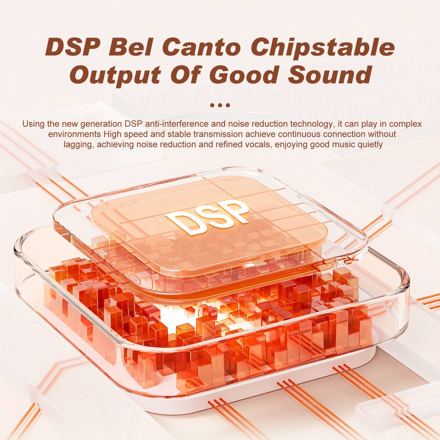 Werbegraifk für „DSP Bel Canto Chipstable Output Of Good Sound" mit einem leuchtenden DSP-Chip und Text über Rauschunterdrückung, Störungsschutz, stabile Übertragung und verfeinerte Gesangswiedergabe.