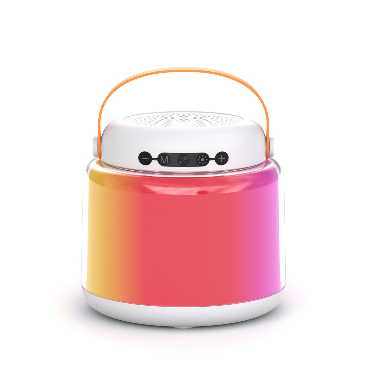 Tragbarer runder Lautsprecher mit orangenem Griff und weißer Oberseite, mit mehrfarbigem rosa-gelben Farbverlauf am Gehäuse und Bedientasten an der Vorderseite.