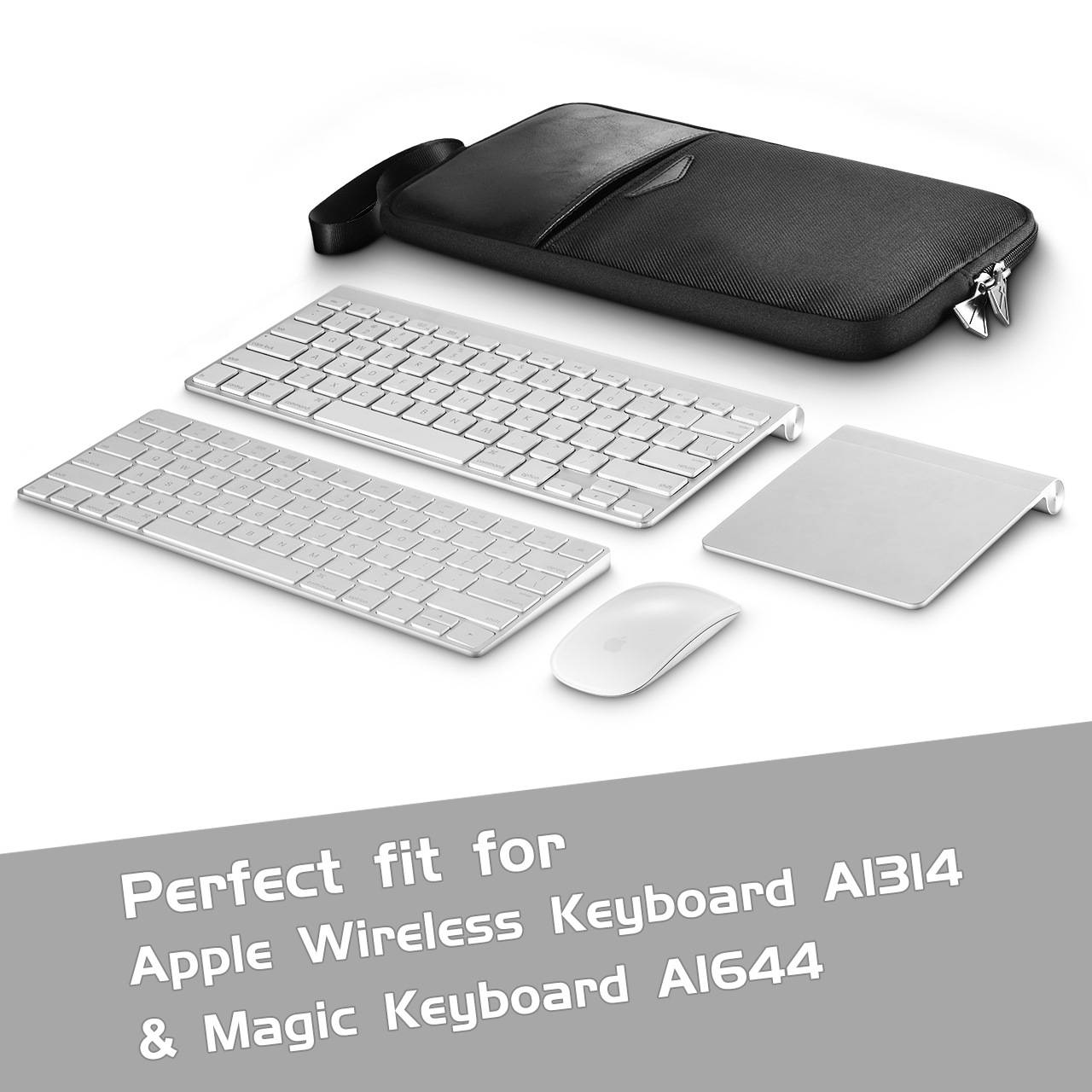 Silberne Apple kabellose Tastatur, Magic Keyboard, Trackpad und Maus dargestellt mit schwarzem Transportkoffer; der Text lautet „Perfekte Passung für Apple Wireless Keyboard A1314 & Magic Keyboard A1644".