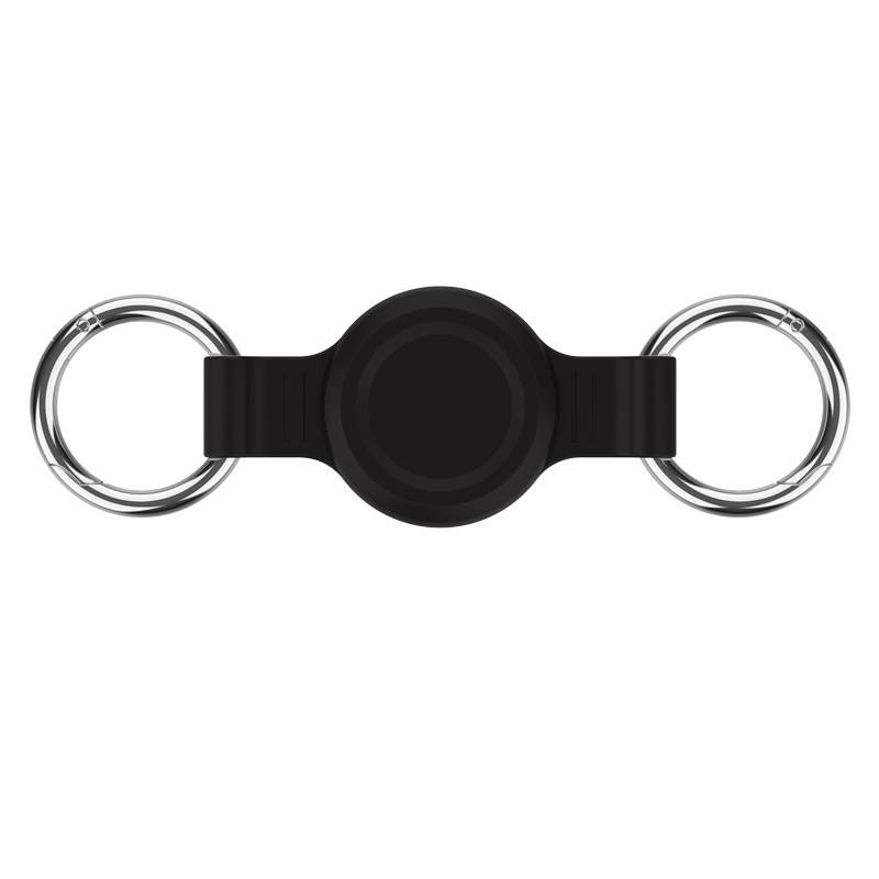 Schwarzer Fidget Spinner mit silbernen Ringenden auf weißem Hintergrund.