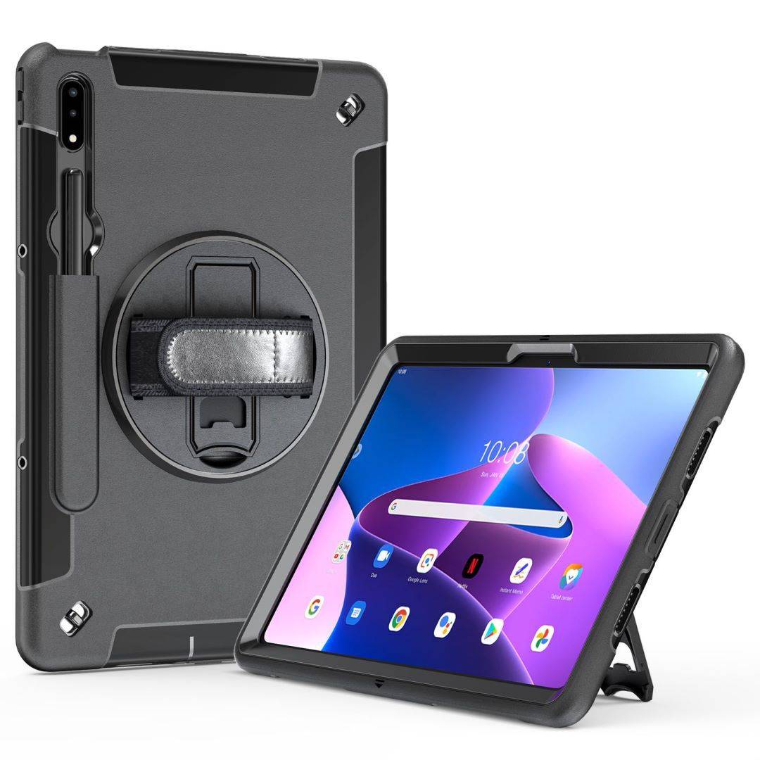 Tablet in einem robusten schwarzen Etui mit integriertem Handgriff, Stifthalter und Ständer, von vorne und von hinten auf weißem Hintergrund gezeigt.