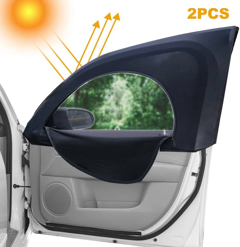 Sonnenschutz für das Auto, befestigt an einem offenen Seitenfenster, mit einem Mesh-Oberteil und einer unteren Datenschutzabdeckung, die Sonnenlicht blockiert; mit der Bezeichnung „2er-Set
