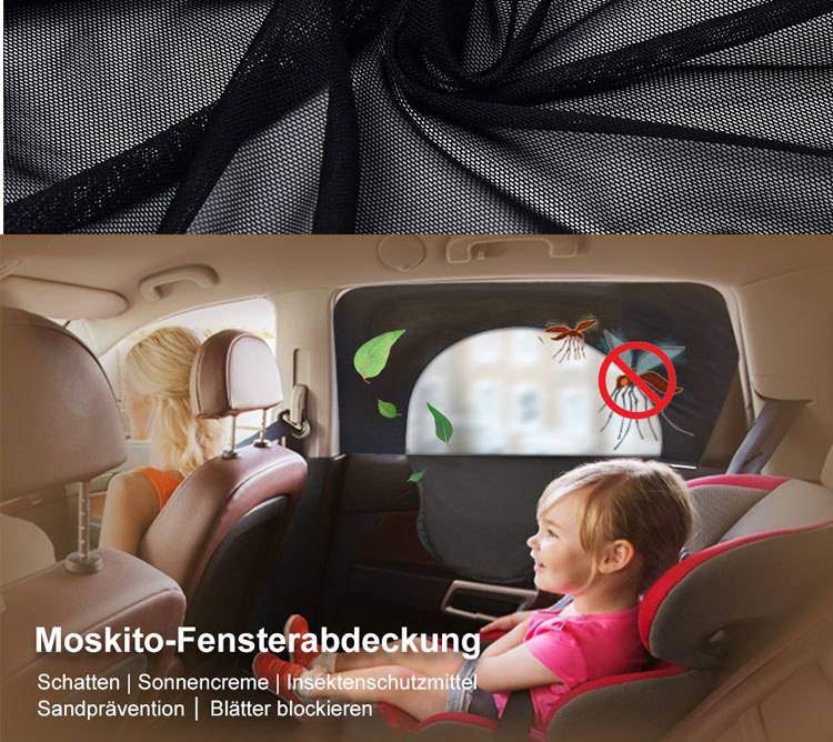 Sonnenschutz für das Auto mit Mückengitter mit Blatt- und Insektenschutzsymbolen, der in einem Fahrzeugfenster angebracht ist, um Sonne, Insekten und Blendung für einen Kindersitzen blockiert.