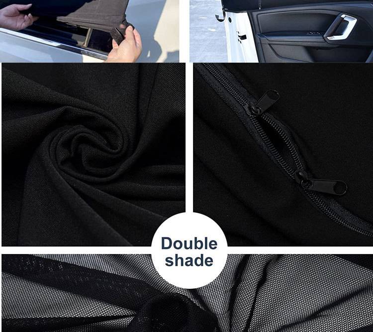 Collage zeigt eine Autofenster-Sonnenschutzvorrichtung in Verwendung und Nahaufnahmen von schwarzem Stoff und Reißverschlüssen, gekennzeichnet als „Doppelschatten