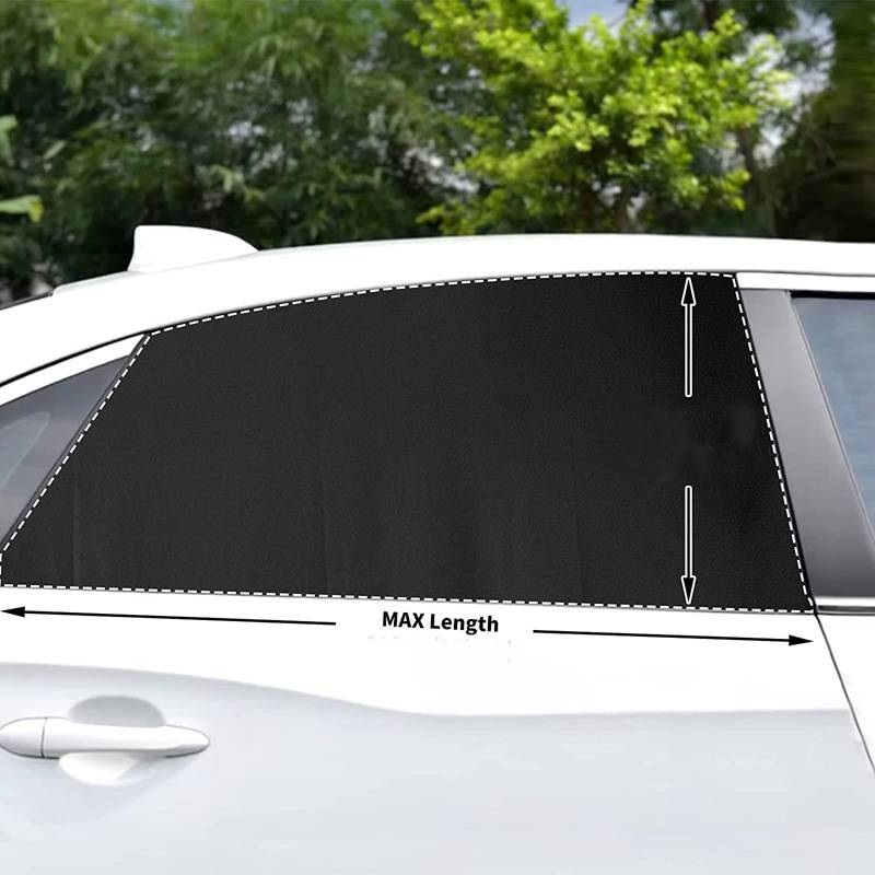 Schwarze Autosonnenschutzvorrichtung, die in einem hinteren Seitenfenster angebracht ist, mit gepunkteten Kanten umrissen und Pfeilen, die die maximale Länge und Höhe markieren.