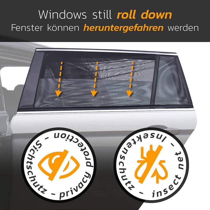 Autofenster mit Mesh-Sonnenschutz und Warntext „Fenster können sich immer noch öffnen