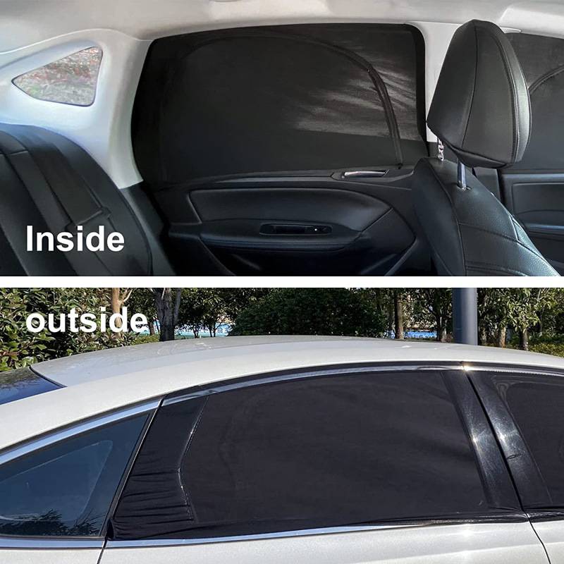 Geteiltes Bild, das ein hinteres Seitenfenster eines Autos zeigt, das von innen und außen dunkel getönt ist und Blendung sowie Sichtbarkeit reduziert.