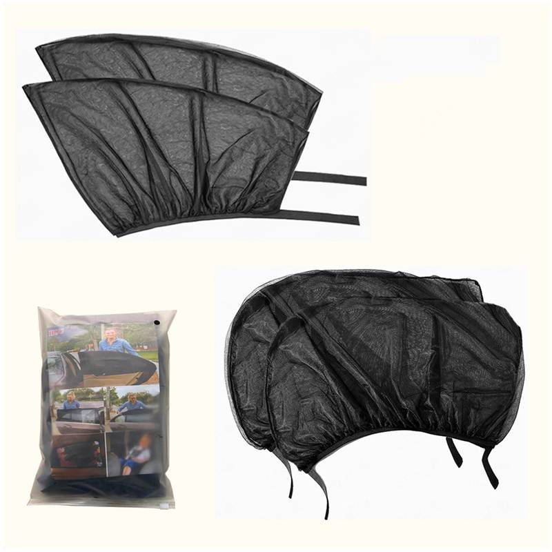 Schwarze Netz-Sonnenschutz für Autos mit elastischen Riemen, gezeigt entfaltet, gefaltet und in einer durchsichtigen Tasche verpackt.