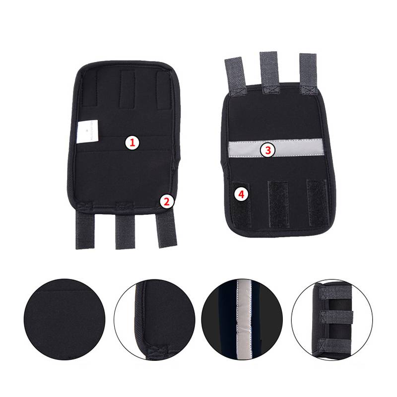 Zwei Ansichten einer schwarzen gepolsterten Strap-on-Tasche oder eines Holsters mit nummerierten Funktionslegende, plus vier Detailkreise, die Material, Nähte, reflektierendes Band und Trägerschlaufen zeigen.