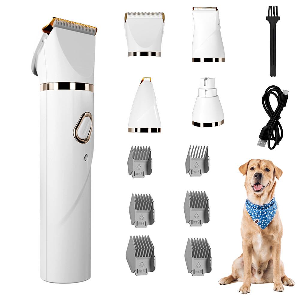 Kabelloses Haustierhaar-Schneidemaschinen-Set mit mehreren Kammaufsätzen, Reinigungsbürste und Ladekabel, neben einem Hund zum Grooming gezeigt.