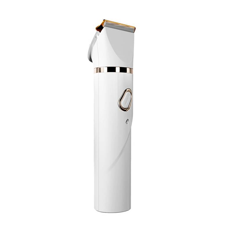 Weißer kabelloses elektrisches Haarschneidegerät mit goldener Klinge auf weißem Hintergrund.