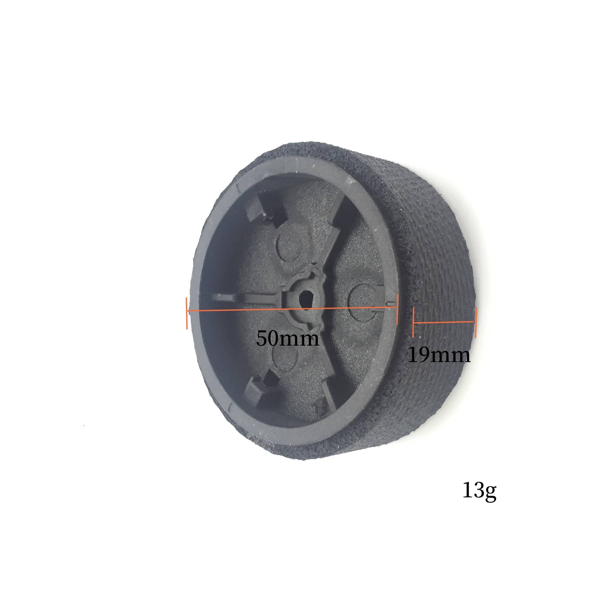 Schwarzes rundes Schaumstoff-Rad oder -Pad in Profilansicht, mit Beschriftungen: 50 mm Durchmesser, 19 mm Dicke und 13 g Gewicht.