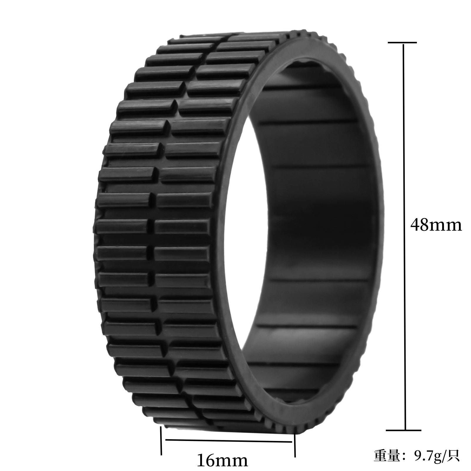 Schwarzer gerippter Ring oder zahnradähnliches Band in 3D dargestellt, beschriftet mit 48mm Durchmesser und 16mm Breite, mit einem Gewicht von 9,7g pro Stück.