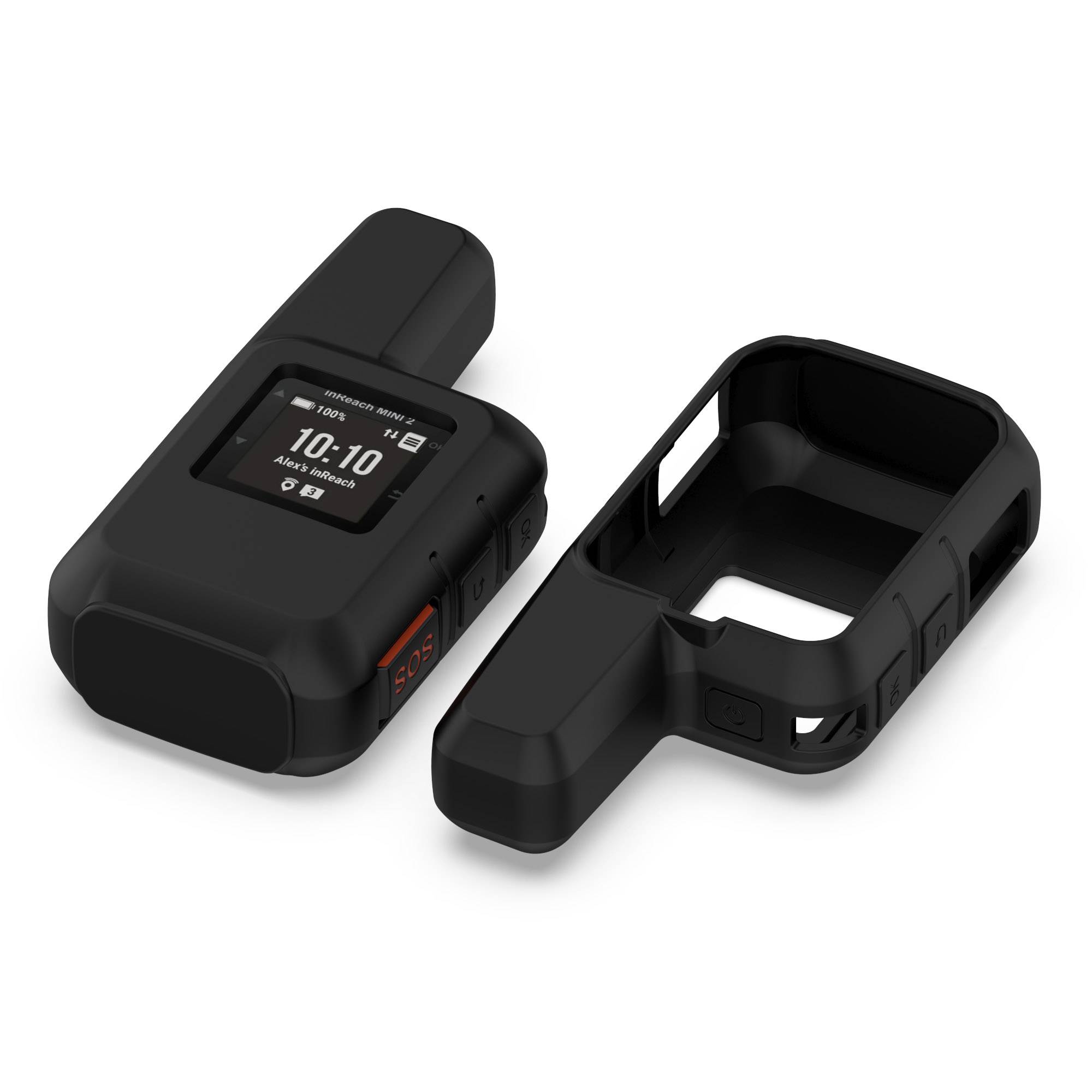 Robuste schwarze Smartwatch mit ihrem Schutzgehäuse/Schale daneben, auf einem einfachen weißen Hintergrund.