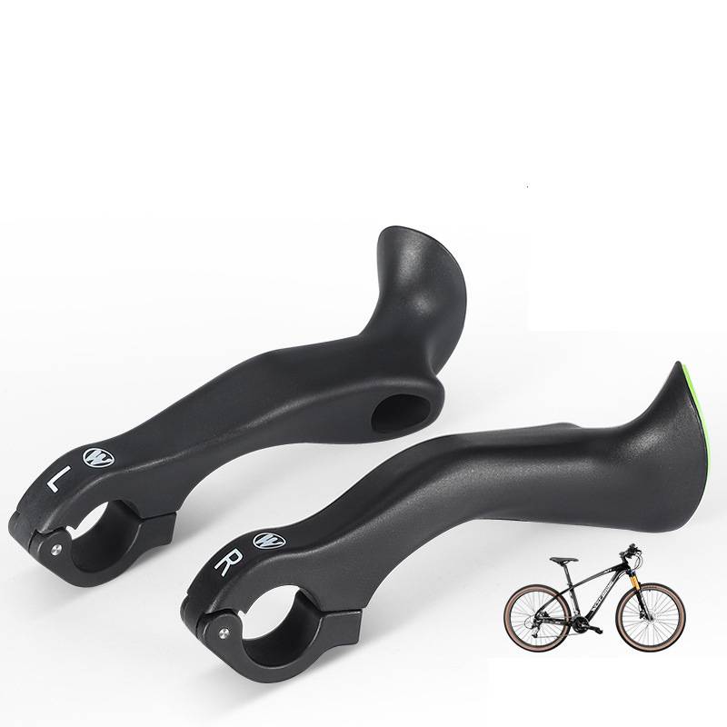 Paar schwarze Fahrradlenker-Endkappen mit ergonomischen Griffformen und Links-Rechts-Markierungen, gezeigt auf weißem Hintergrund neben einer kleinen Fahrrad-Miniaturansicht.