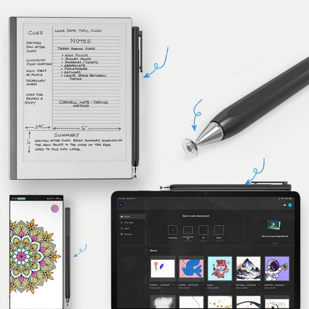 Anzeige für ein Notizbuch-Gerät und einen Stylus, das handgeschriebene Notizen auf einem digitalen Notizbuch zeigt und die Stiftspitze an einem Tablet mit Zeichen- und Notiz-Apps befestigt.