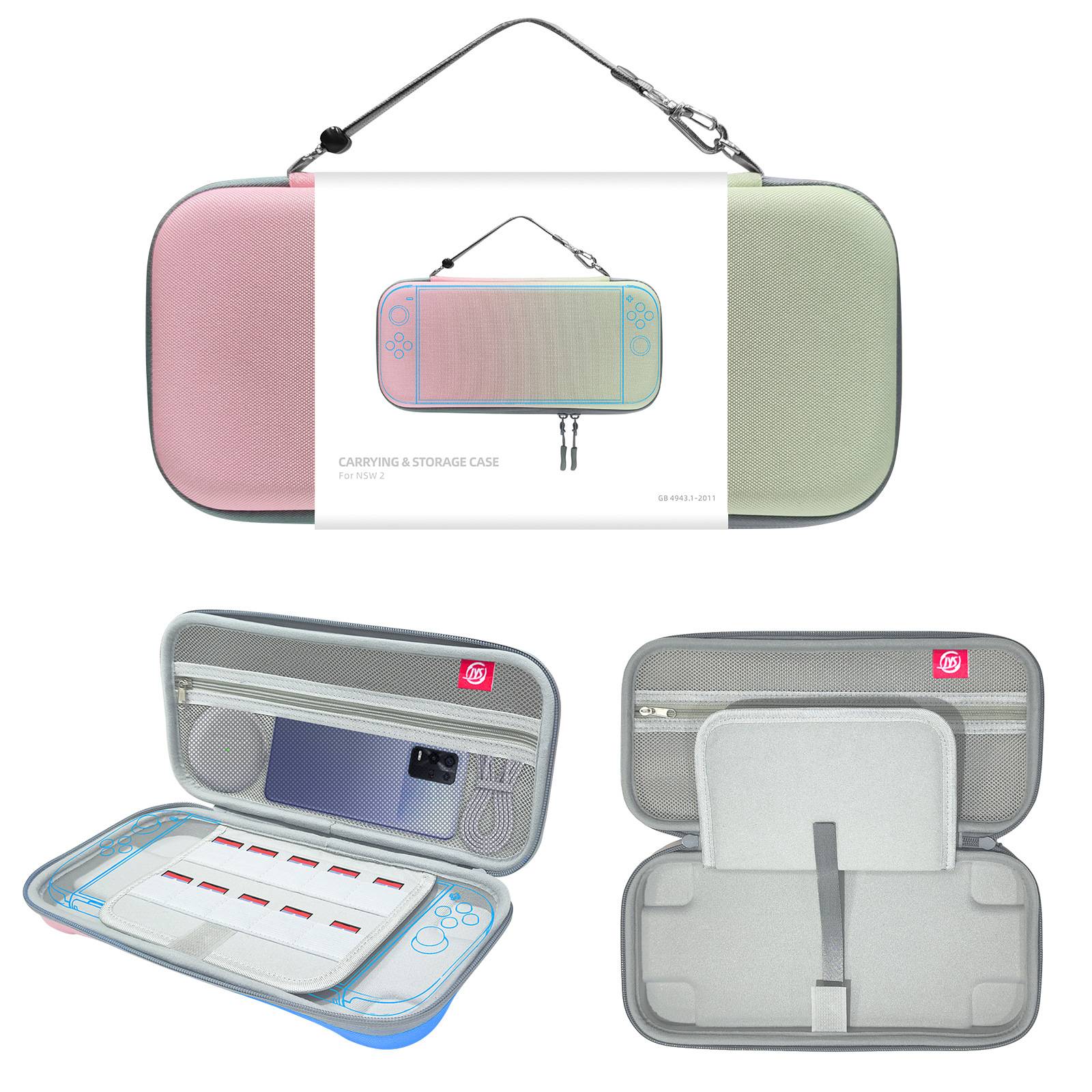 Trageetui für tragbare Spielkonsole mit Stauraum, dargestellt in Rosa und Grün mit Verpackung und offenen Ansichten des gepolsterten Innenraums und der Zubehörtaschen.