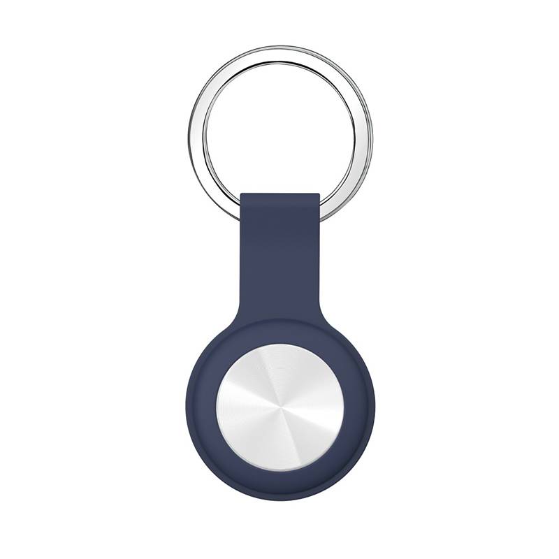 Ein marineblauer und silberner Schlüsselanhänger-Tracker mit einem Metallschlüsselring, gezeigt auf weißem Hintergrund.