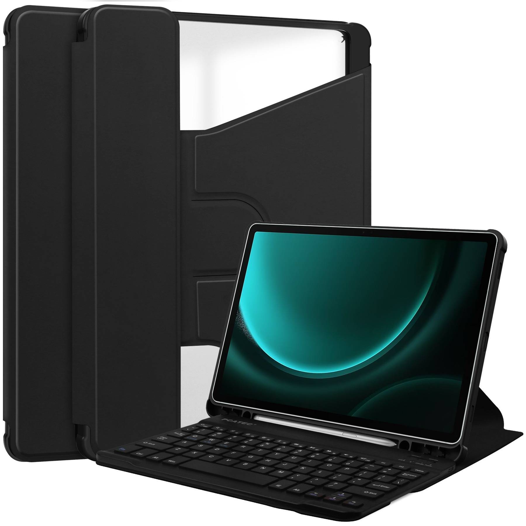 Schwarze Tablet-Schutzhülle mit integriertem Ständer für Tastatur, dargestellt aufgeklappt mit einem Tablet, das einen blaugrünen abstrakten Bildschirm anzeigt.