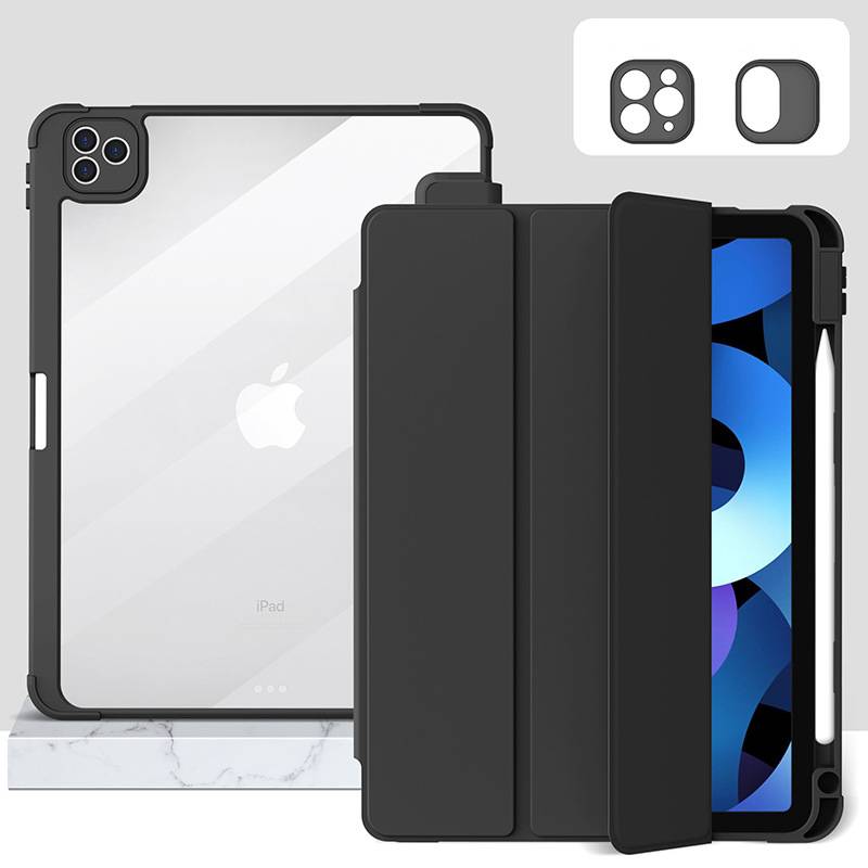 Schwarze faltbare iPad-Schutzhülle mit dreifach faltbarem Frontdeckel und Apple Pencil-Halter, dargestellt in offener und geschlossener Position mit Kameraausschnitt-Ansicht.